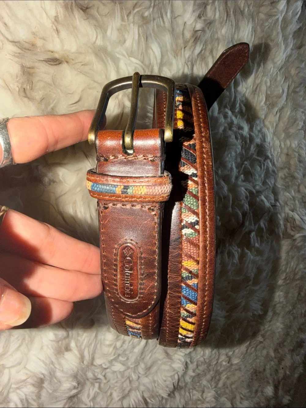 Vintage Columbia oil Brown Leather native Woven Accents golf 38 belt western
